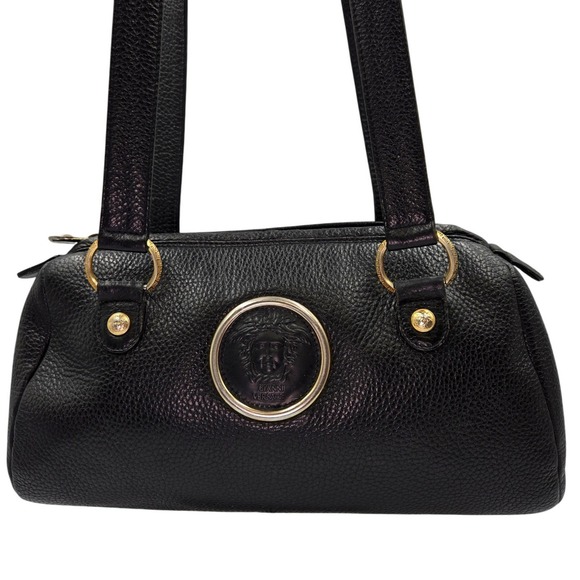 Versace Handbags - Gianni Versace  Vintage Black Pebbled Leather Medusa Shoulder Bag Gold Hardware
